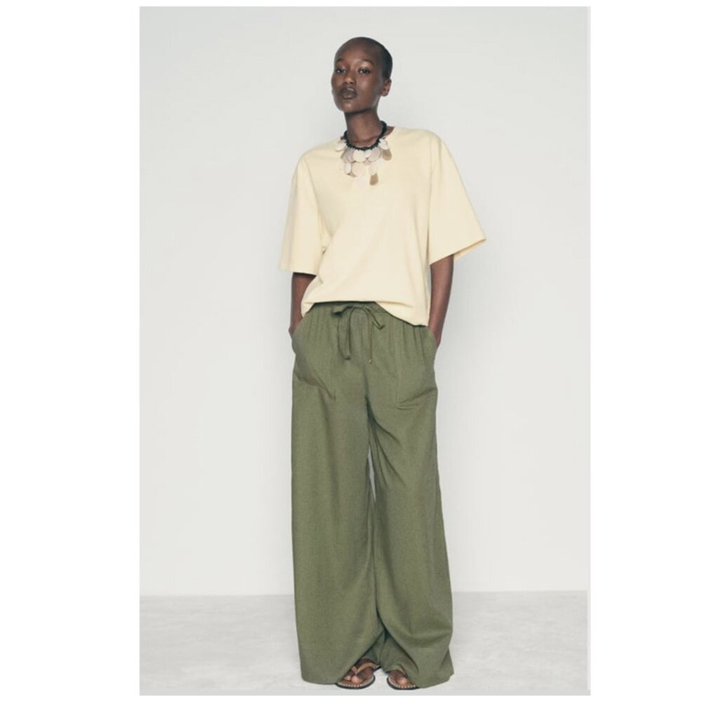 NEW Zara Wide Leg Linen Pants - Flowy Green Drawstring Lightweight Pant (Size S)